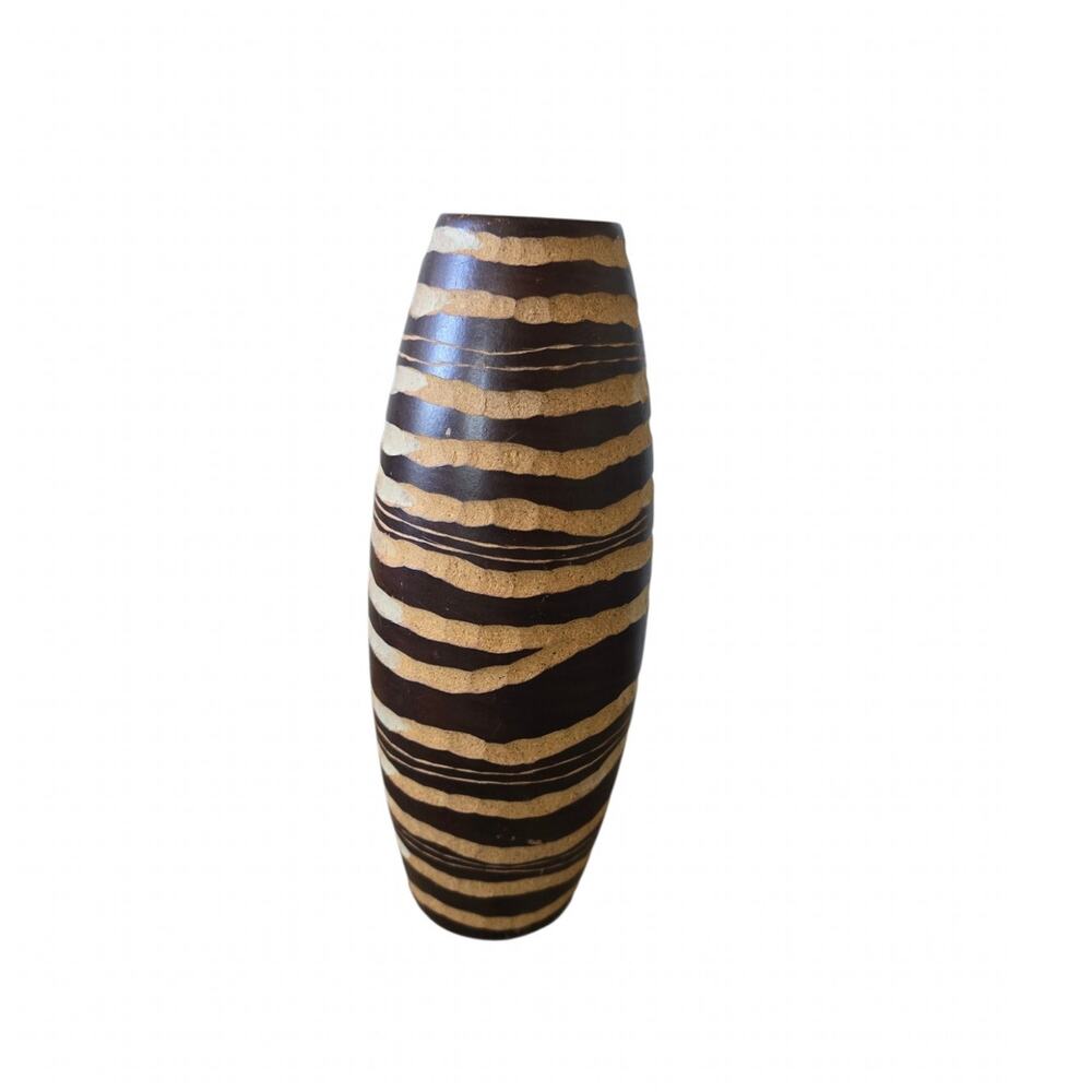 Hand Carved Wooden Vase Zebra African Decor Pattern 10"